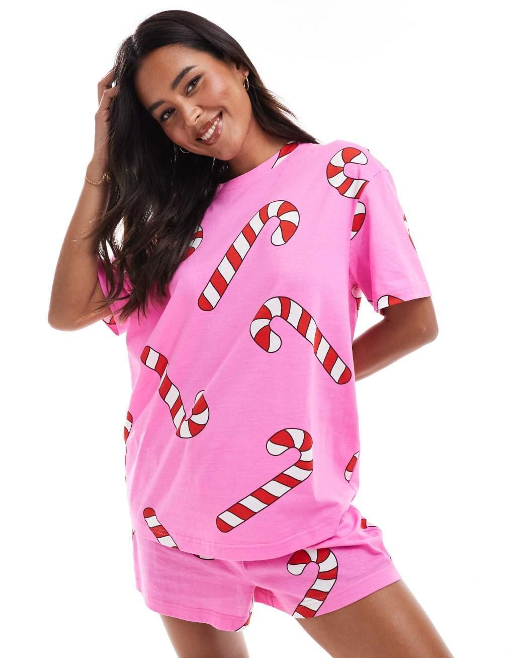 ASOS DESIGN candy cane oversized tee & short pajama set in pink Product Image