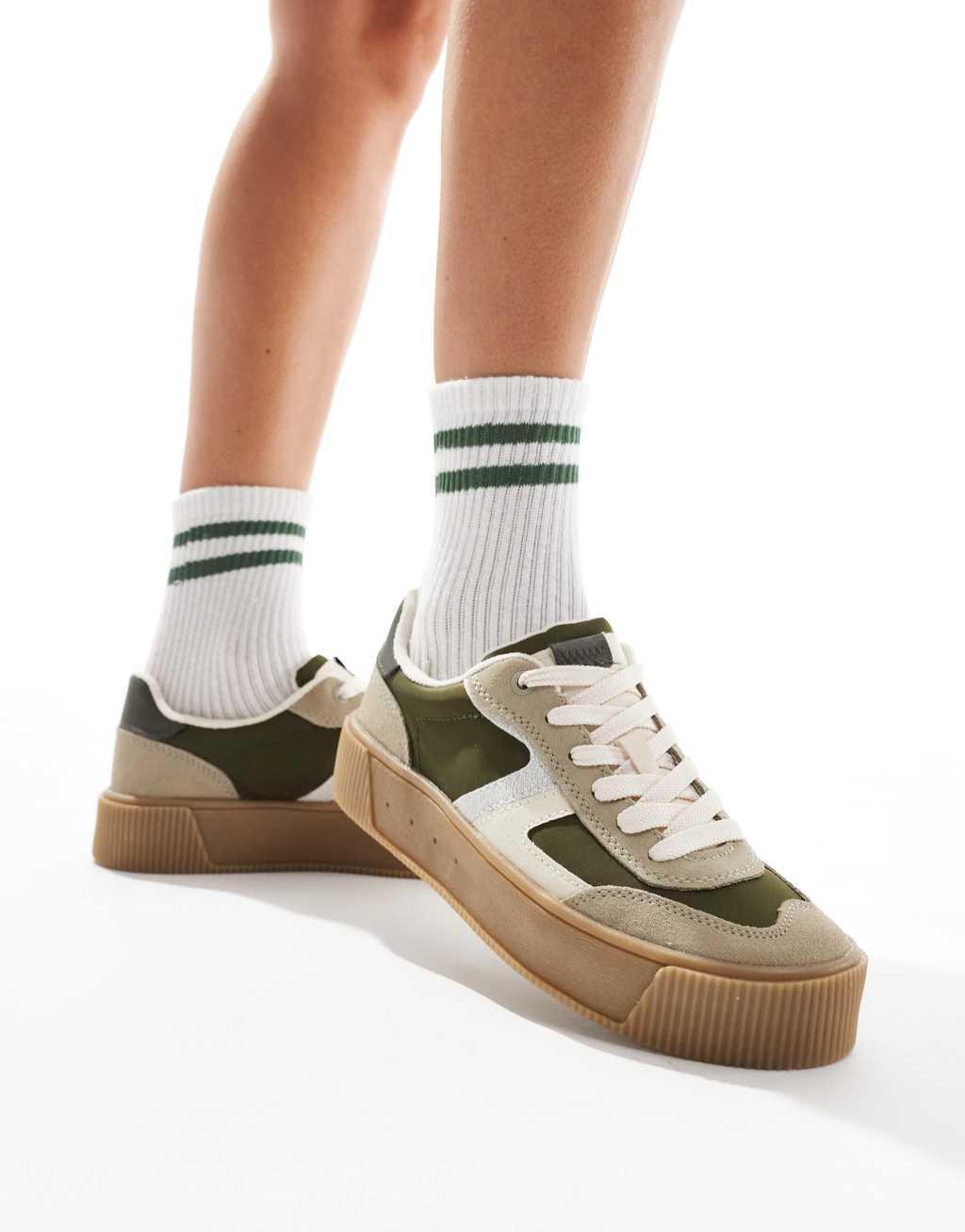 Stradivarius platform sneakers with chunky soles in khaki  Product Image