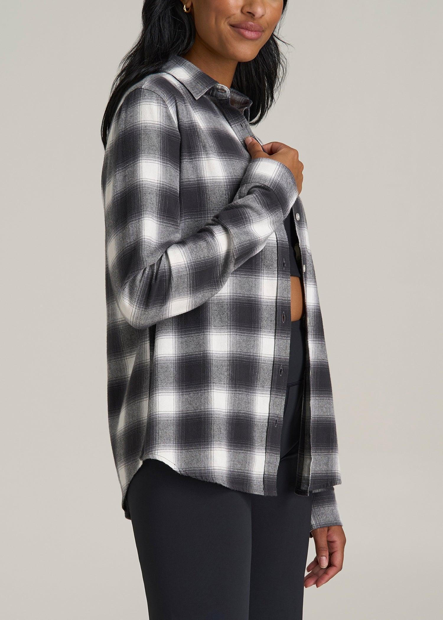 Flannel Button-Up Shirt for Tall Women in Grey and White Plaid Product Image