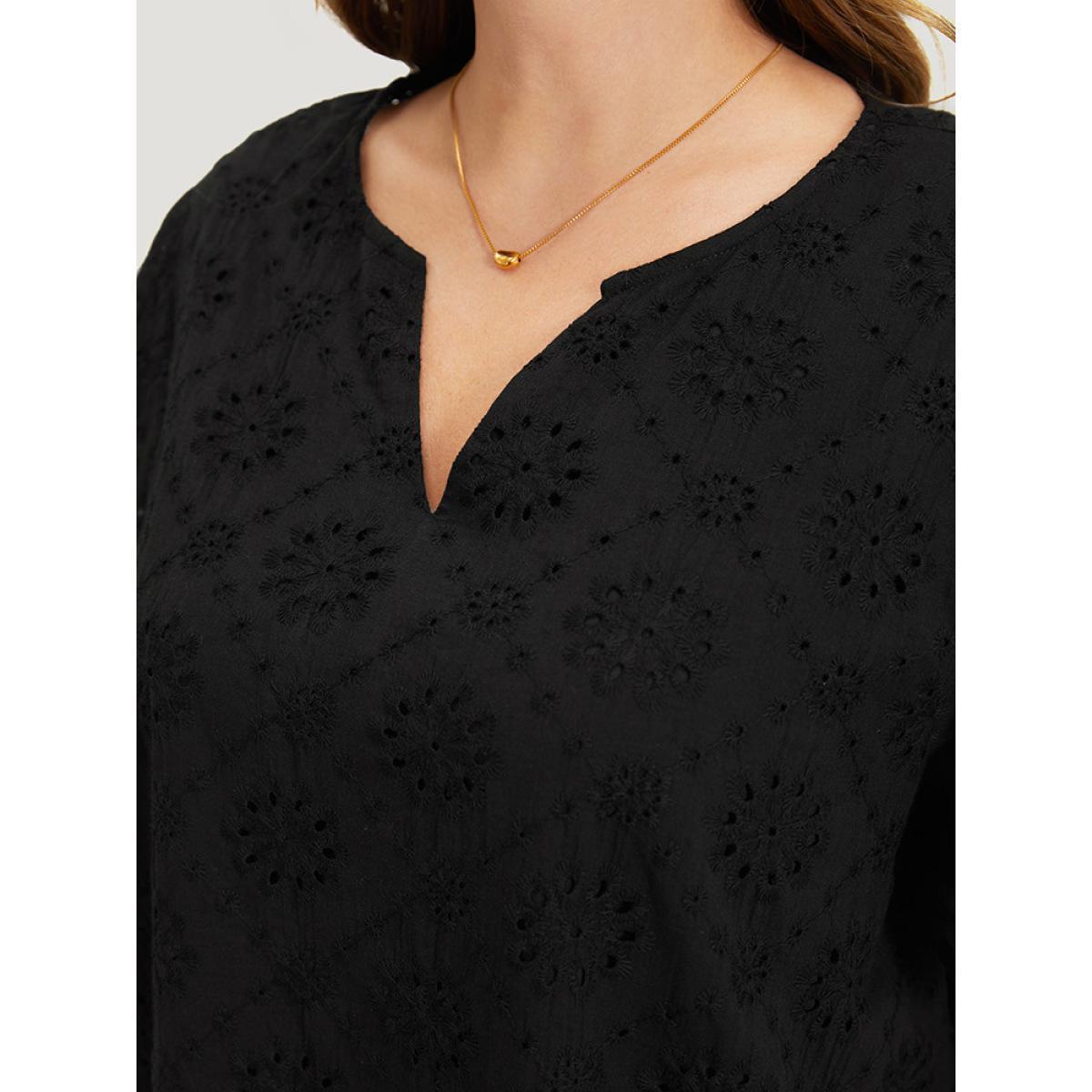 Plus Size Black Solid Broderie Anglaise Notched Ruffle Sleeve Blouse Women Vacation Short sleeve Notched collar Dailywear Blouses BloomChic 14-16/1X Product Image