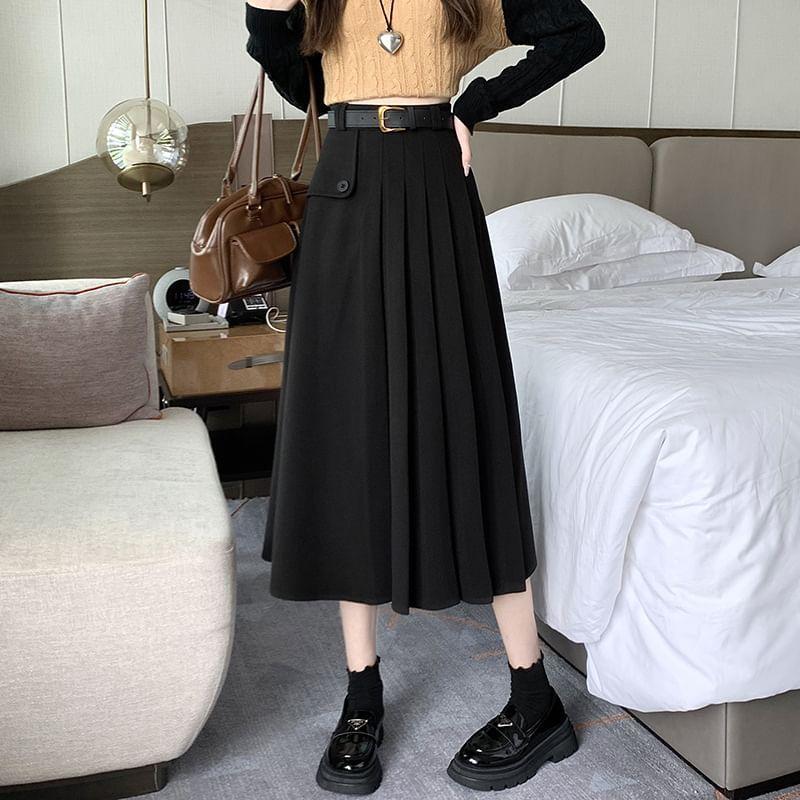 High Waist Plain Midi Pleated Skirt Product Image