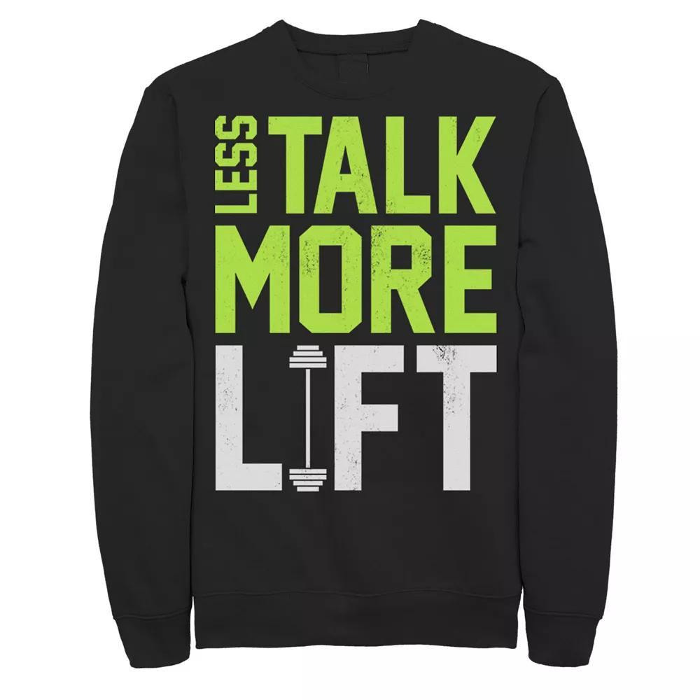 Men's Less Talk More Lift Weight Training Neon Green Graphic Fleece Pullover, Size: XL, Black Product Image