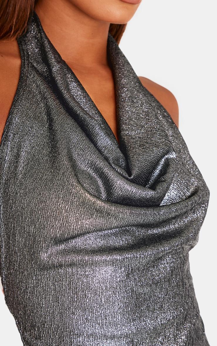 Dark Grey Metallic Textured Cowl Neck Backless Long Top Product Image