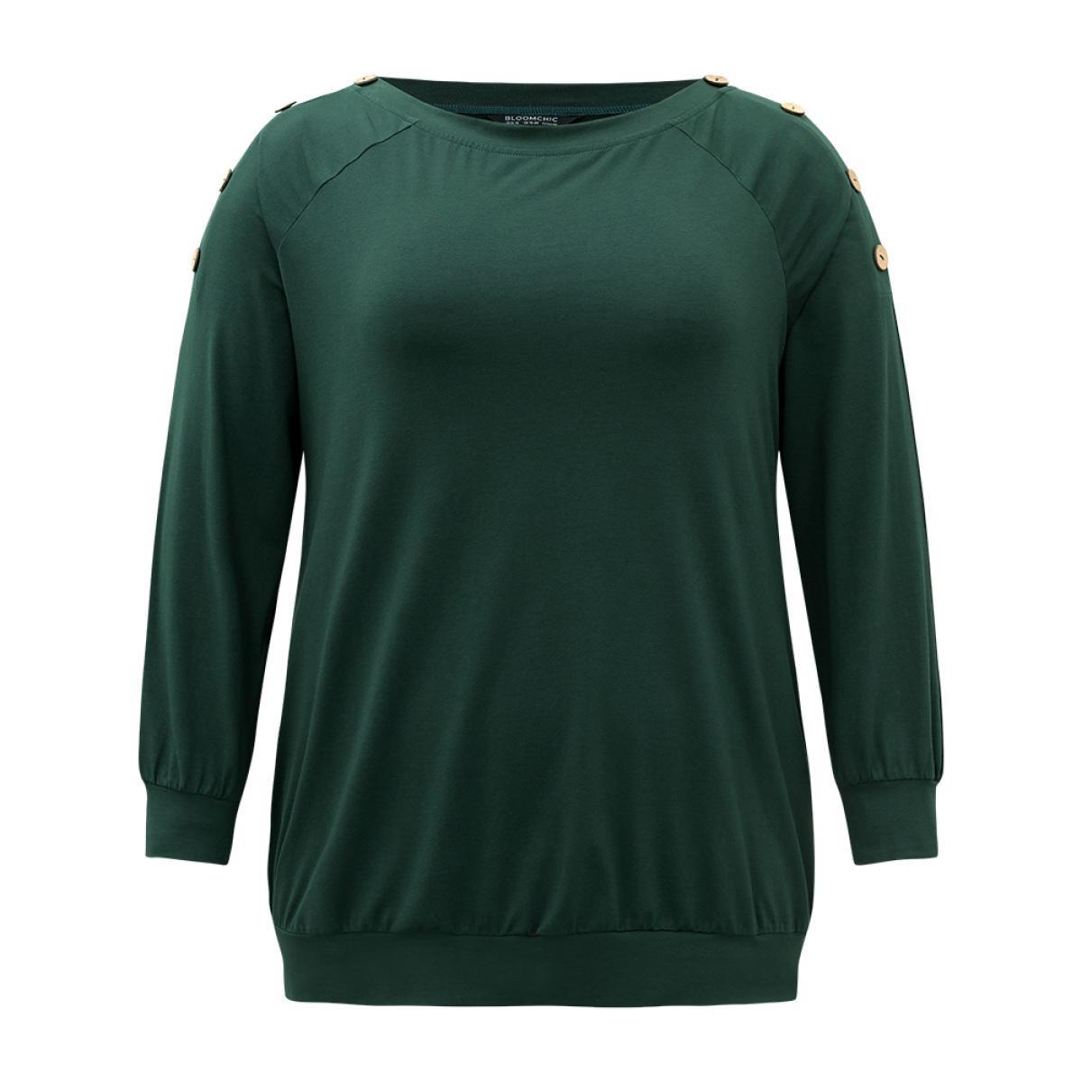 Plus Size Cotton Plain Button Detail Raglan Sleeve T-shirt DarkGreen Women Casual Plain Plain Round Neck Dailywear T-shirts BloomChic 18-20/2X Product Image