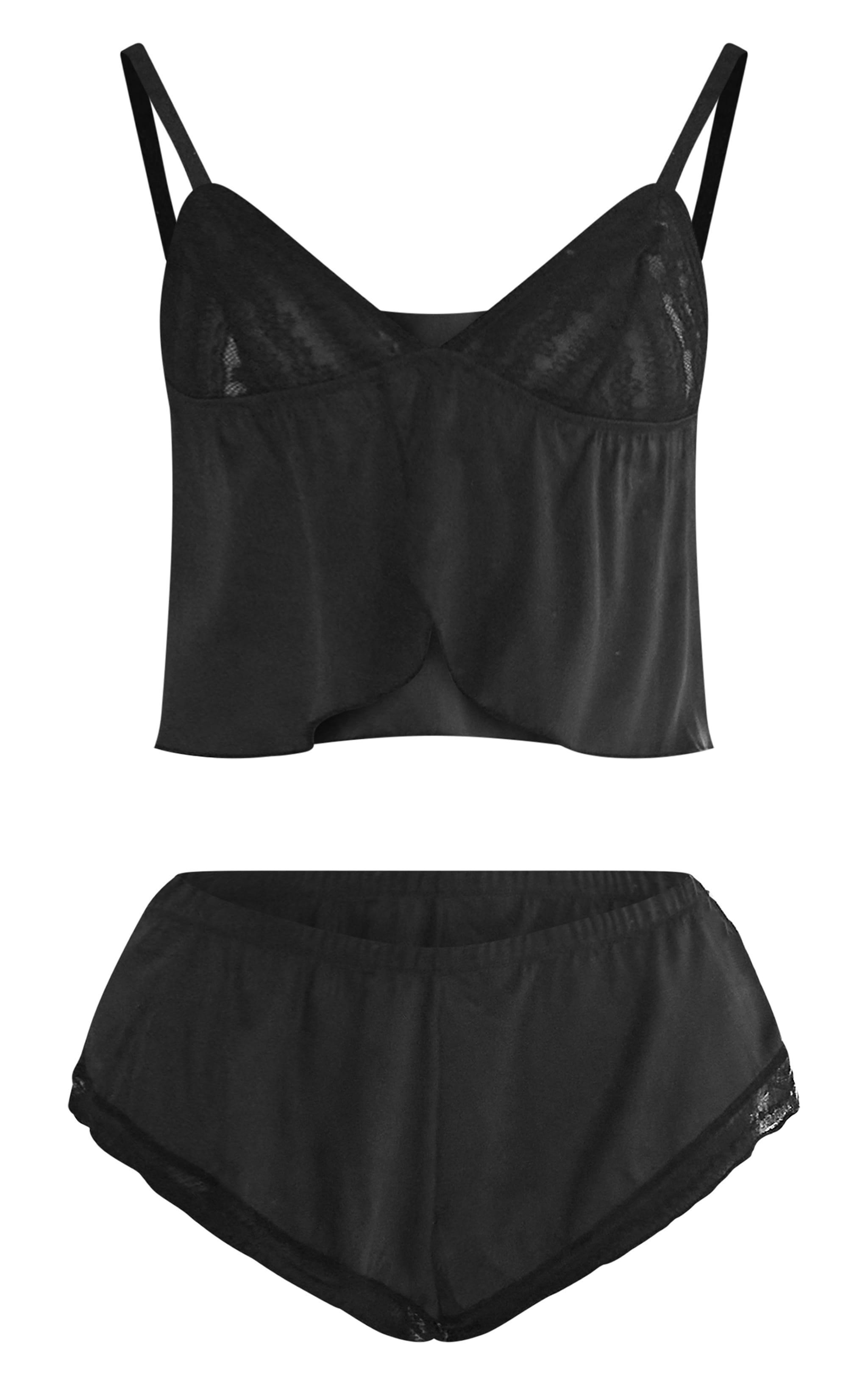 Black Textured Lace Satin Cami Short Pj Set Product Image