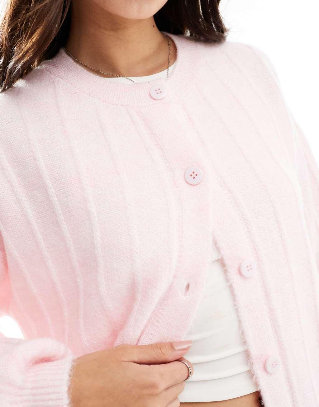 ASOS DESIGN fluffy oversized knitted cardigan in pink Product Image