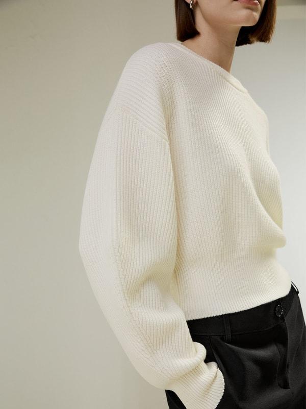 Round Neck Drop-Shoulder Merino Wool Sweater Product Image