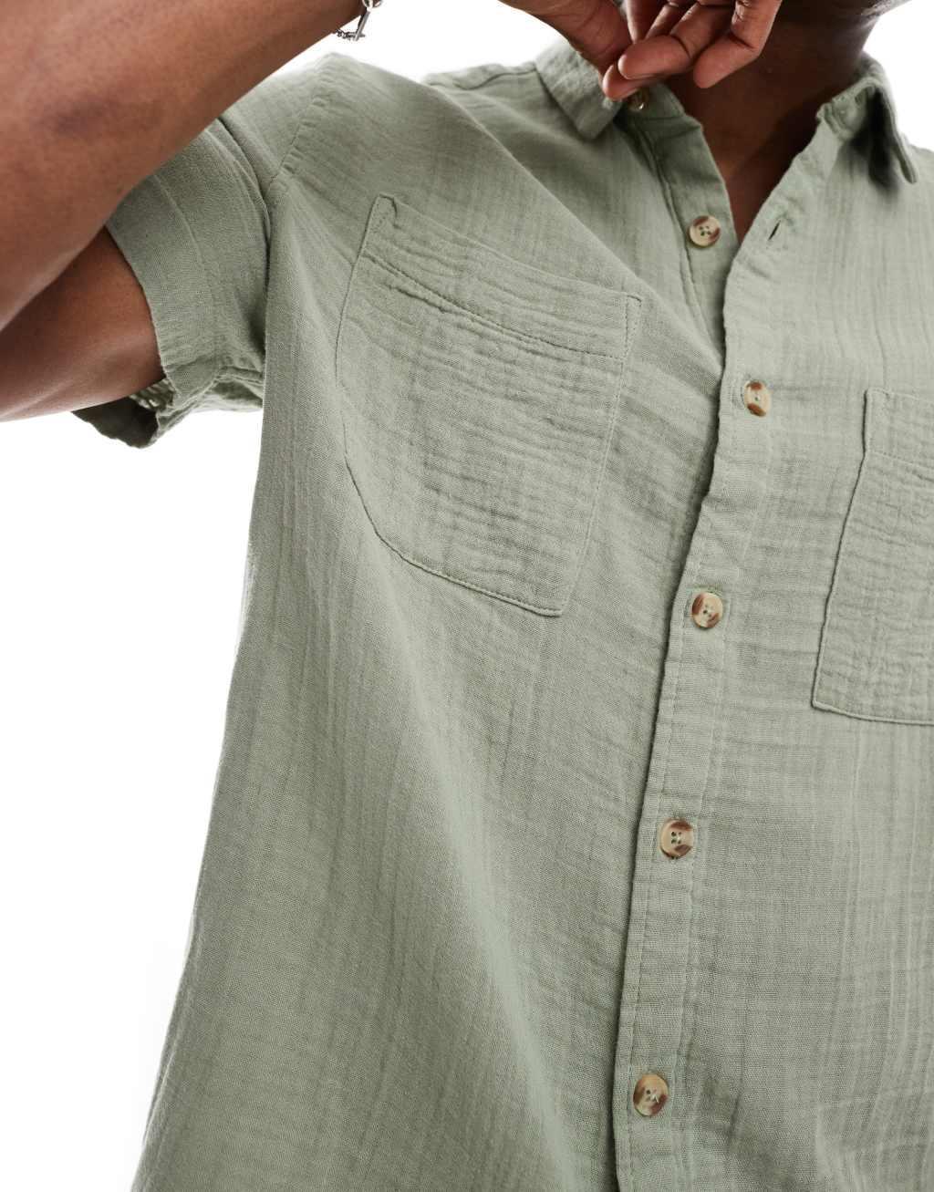 ASOS DESIGN short sleeve relaxed camp collar cheese cloth shirt in light sage Product Image