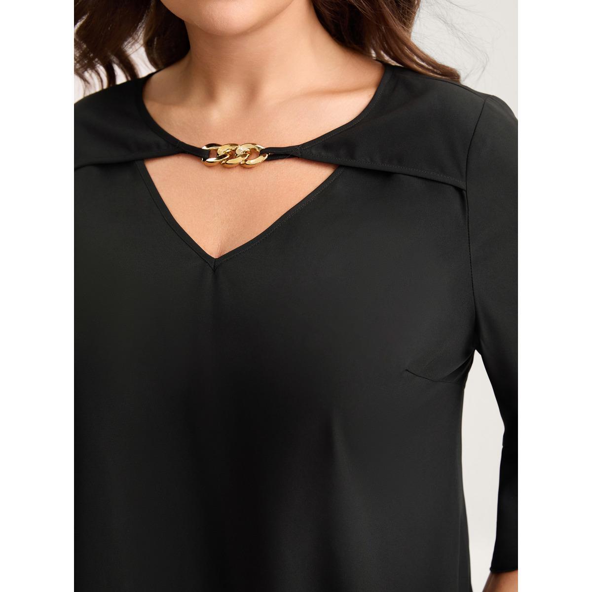 Plus Size Black Metallic Neck Detail Ruffled Solid Blouse Women Elbow-length sleeve Asymmetrical Neck Work Blouses BloomChic 18-20/2X Product Image