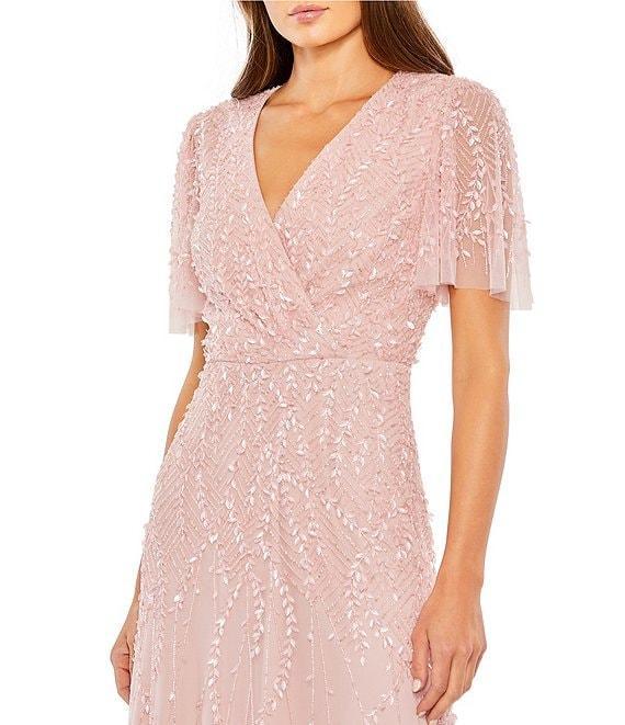 Mac Duggal Beaded V-Neck Flutter Sleeve Faux Wrap Midi Dress Product Image