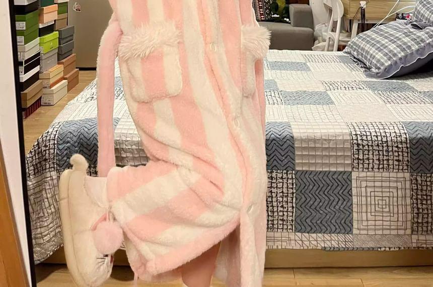 Rabbit Ear Hooded Fleece Striped Pajama Robe Product Image