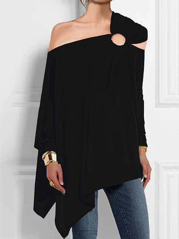 Long Sleeves Loose Asymmetric Hollow Solid Color Asymmetric Collar T-Shirts Tops Product Image