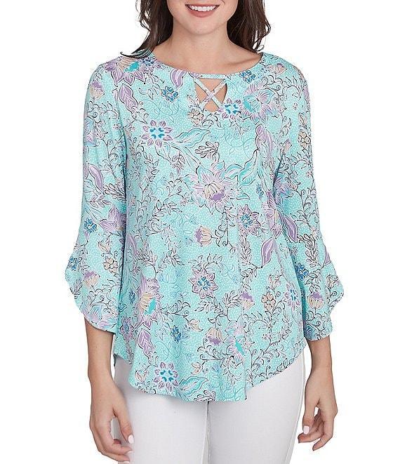 Ruby Rd. Soft Knit Floral Keyhole Neck 3/4 Sleeve Shirttail Hem Top Product Image