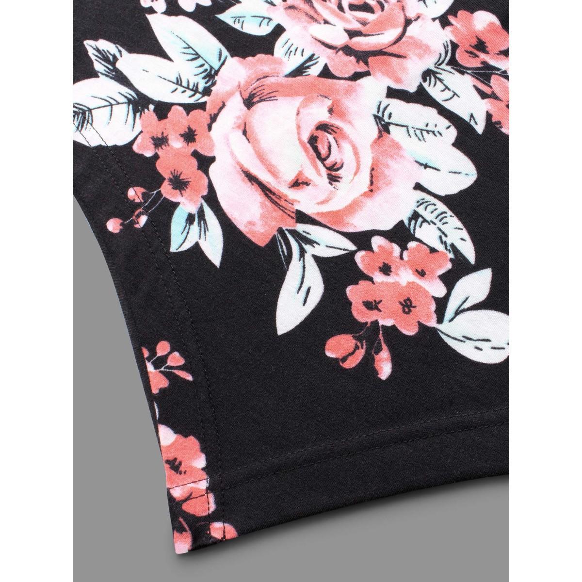 Plus Size Floral Print Shoulder Cut-Out T-shirt Black Women Elegant Contrast Natural Flowers Round Neck Loose Everyday T-shirts BloomChic 18-20/2X Product Image