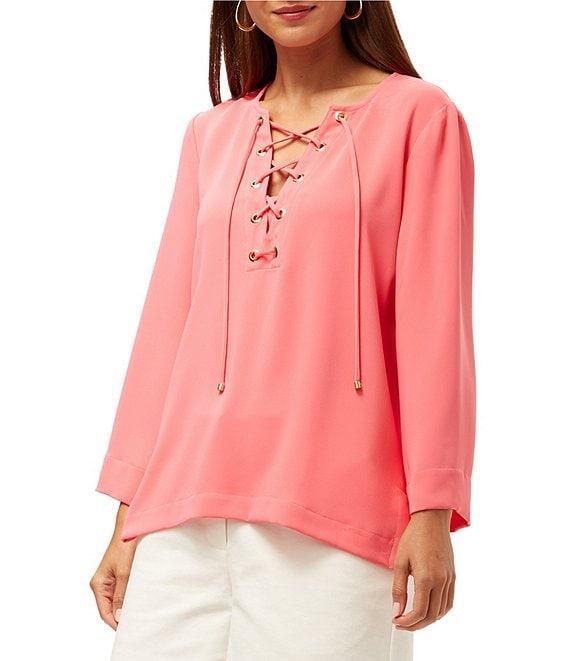 Trina Turk Catamaran Georgette Lace Up V-Neck Long Sleeve Top Product Image