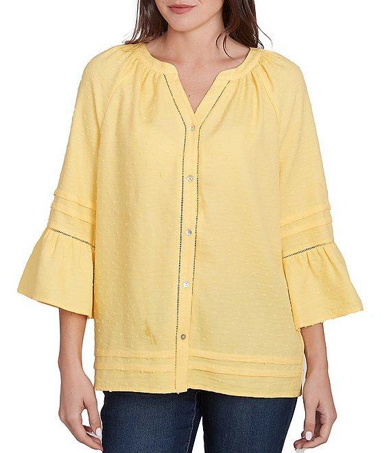 Ruby Rd. Woven Embellished Trim Clip-Dot Mandarin Collar 3/4 Sleeve Button-Front Top Product Image