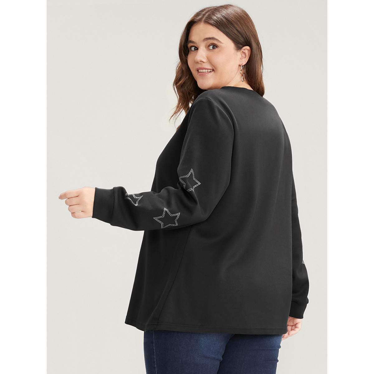 Plus Size Star Print Round Neck Drop Shoulder Sweatshirt Women Black Elegant Printed Round Neck Dailywear Sweatshirts BloomChic 10/M Product Image