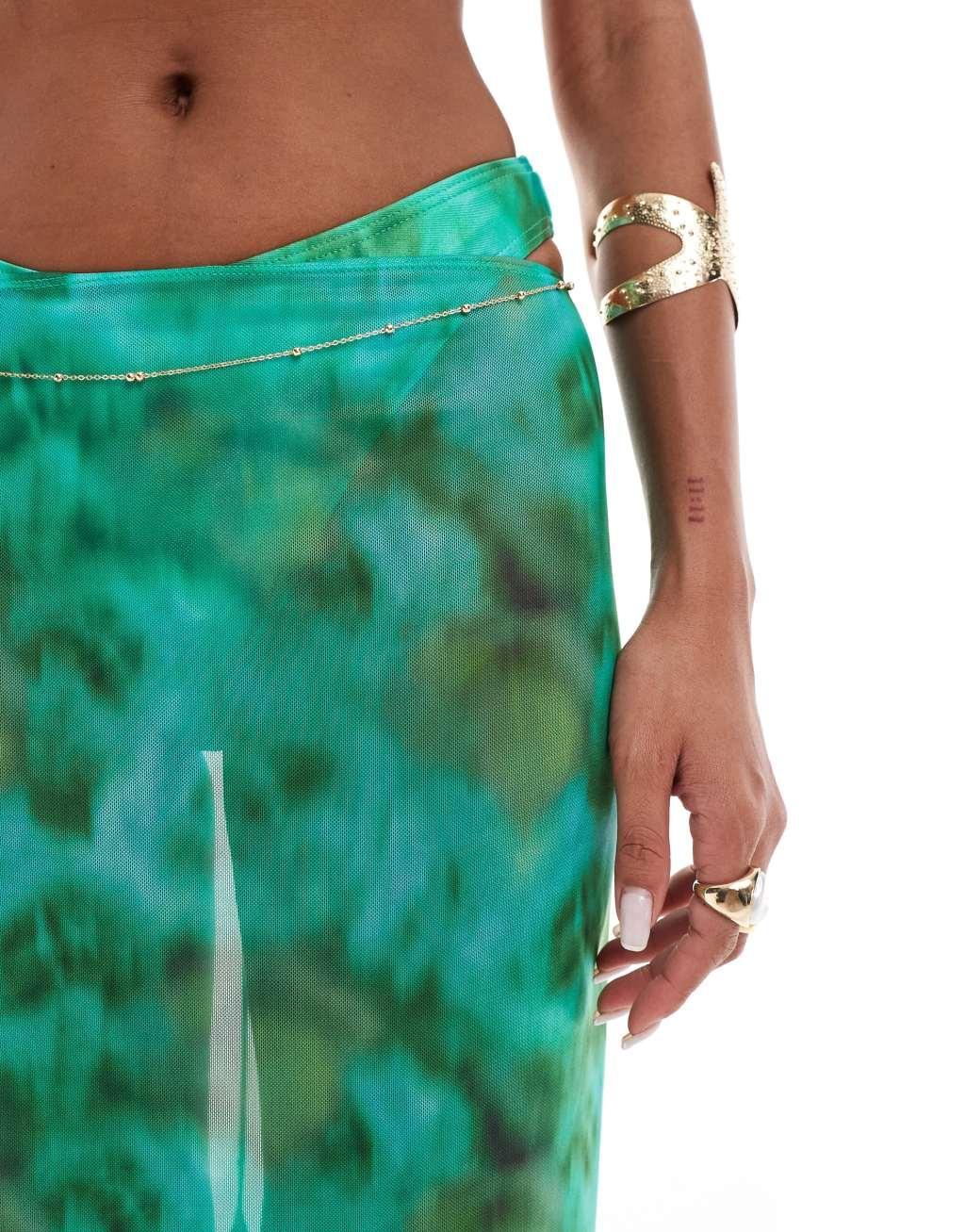 South Beach abstract print mesh maxi beach skirt in green Product Image