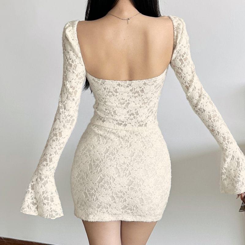 Long-Sleeve Sweetheart Neckline Lace Top / Mini Pencil Skirt Product Image