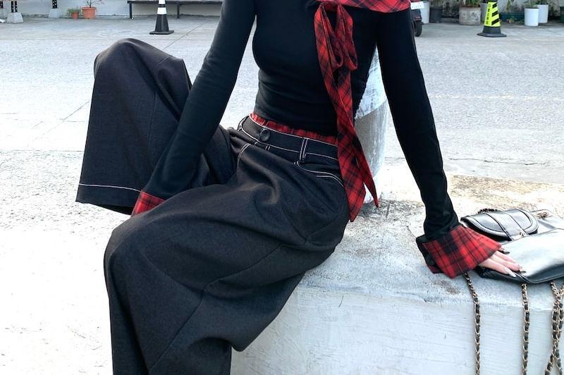 Long-Sleeve Off Shoulder Plaid Trim Crop Knit Top / High Waist Wide Leg Pants Product Image