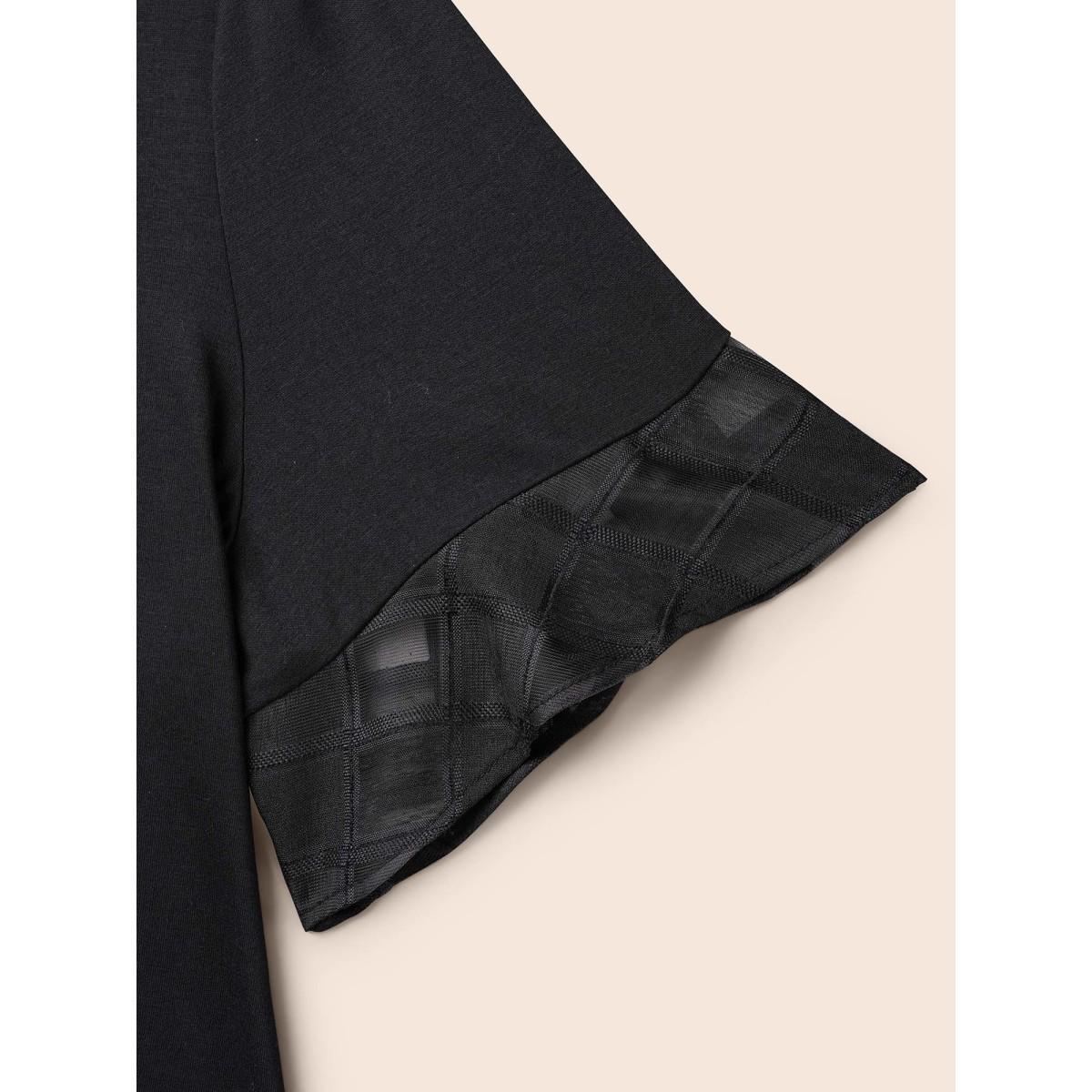 Plus Size Sheer Patchwork Ruffle Round Neck T-Shirt Black Women Elegant Patchwork Round Neck Everyday T-shirts BloomChic 14-16/1X Product Image