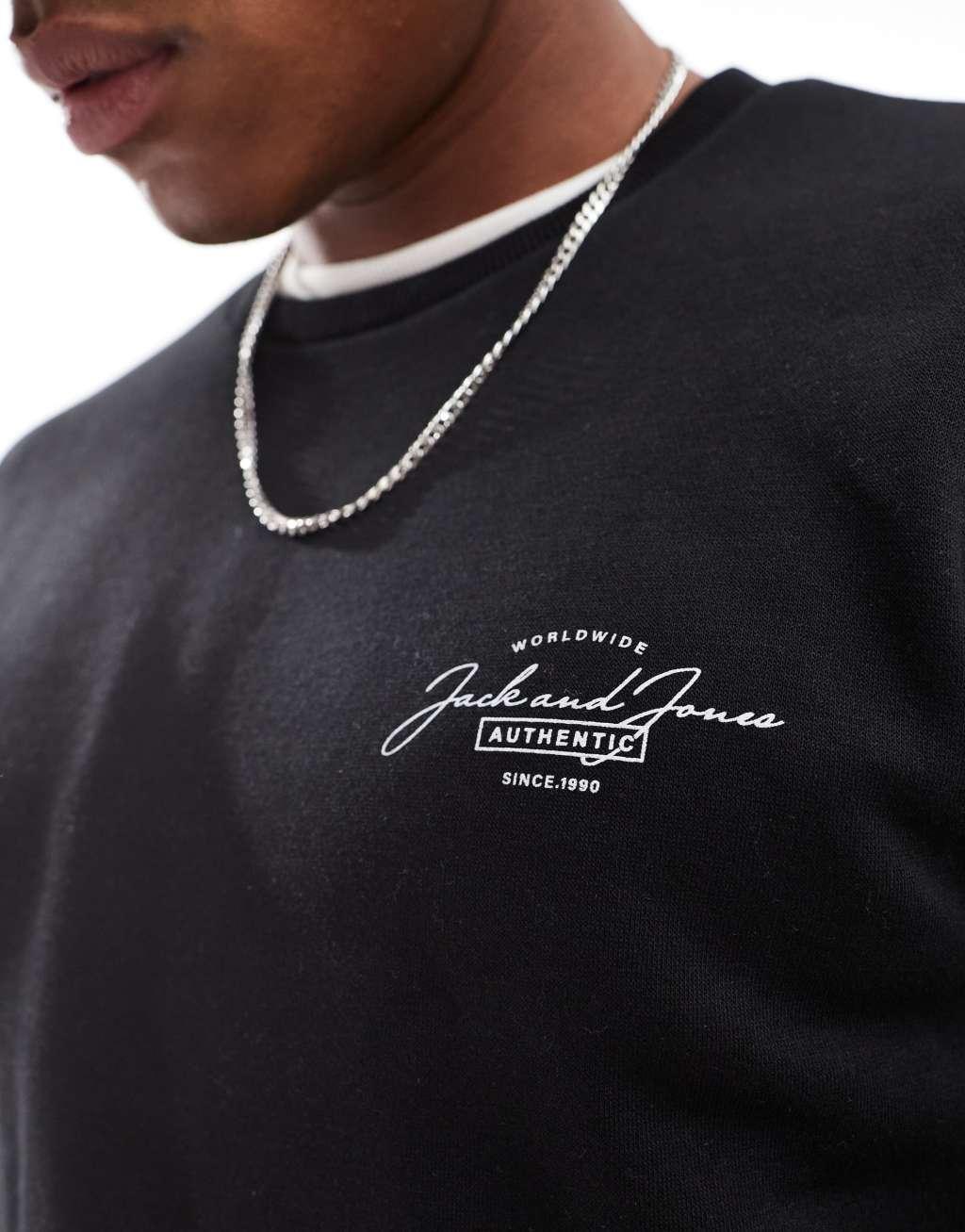 Jack & Jones script logo crew neck sweatshirt in black  Product Image