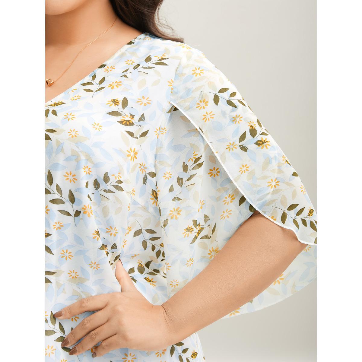 Plus Size Originalwhite Leafy Floral Print Petal Sleeve Blouse Women Elegant Elbow-length sleeve V-neck Everyday-Elegant Blouses BloomChic 10/M Product Image