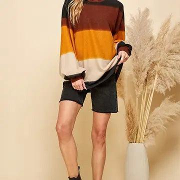 Women Multi Color Stripe Cuffed Loose Fit Sweater Product Image