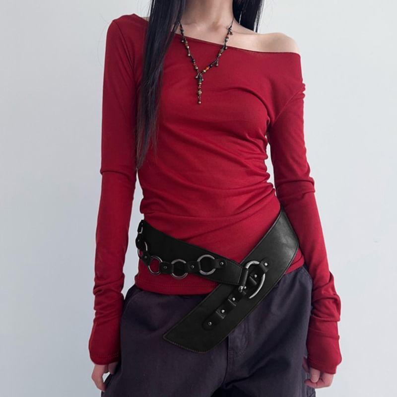 Long-Sleeve Off Shoulder Plain Top / Waist Belt Product Image