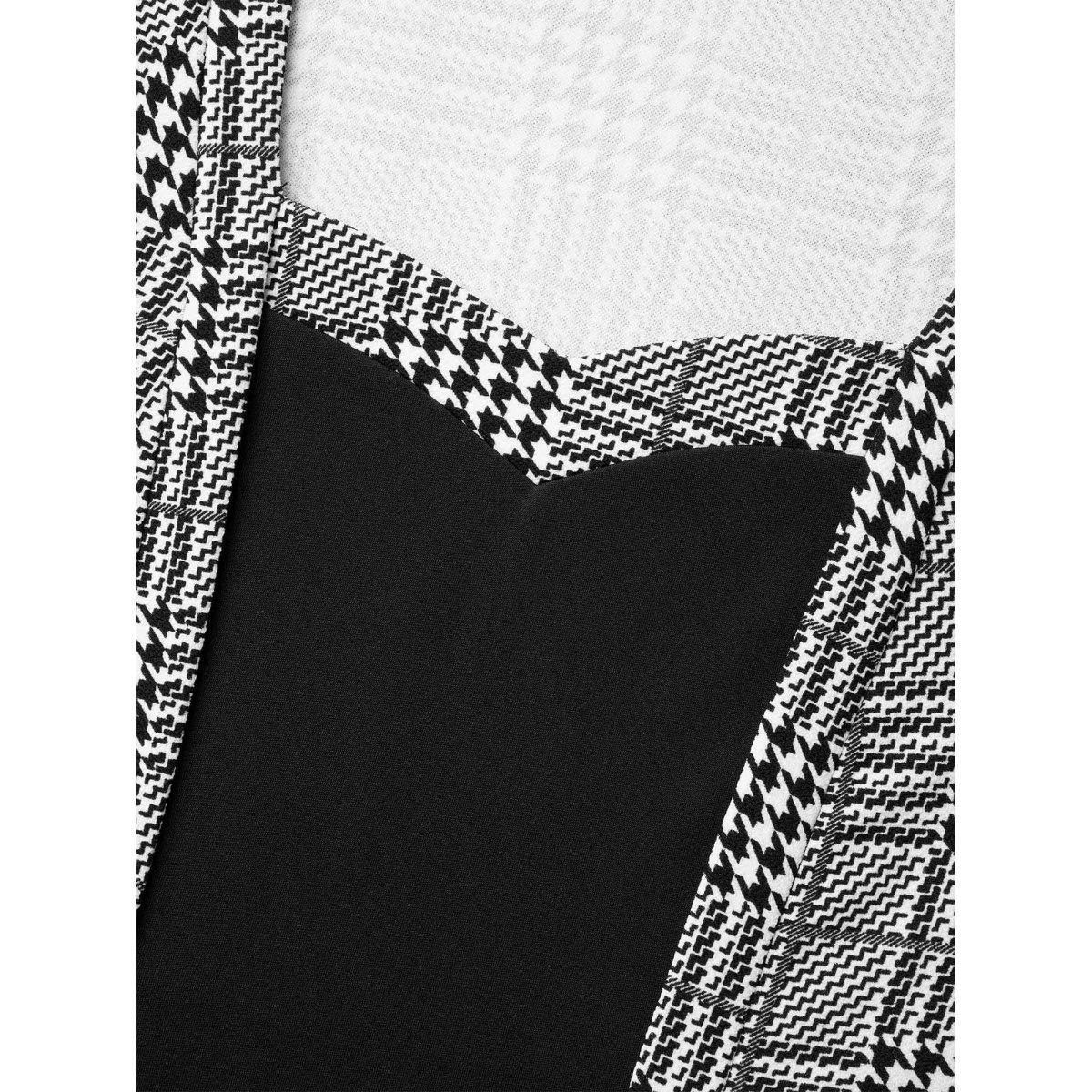 Plus Size Houndstooth Print Waist-Cinched Patchwork Midi Dress BlackFlower Women Office Patchwork Knit Dresses Bloomchic 28/5X Product Image