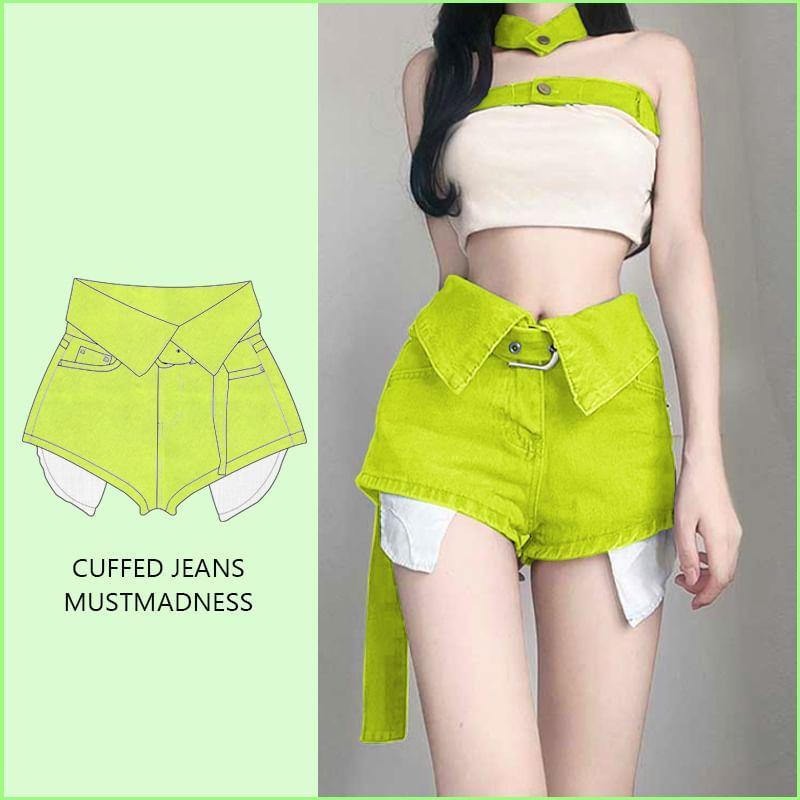 High Waist Belted Plain Denim Shorts Product Image