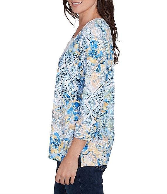Ruby Rd. Stretch Knit Watercolor Mixed Print Square Neck 3/4 Sleeve Top Product Image