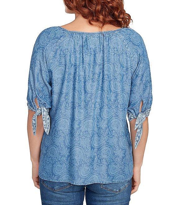 Ruby Rd. Petite Size Tencel™ Embroidered Allover Printed Keyhole Neck Elbow Tie Sleeve Top Product Image