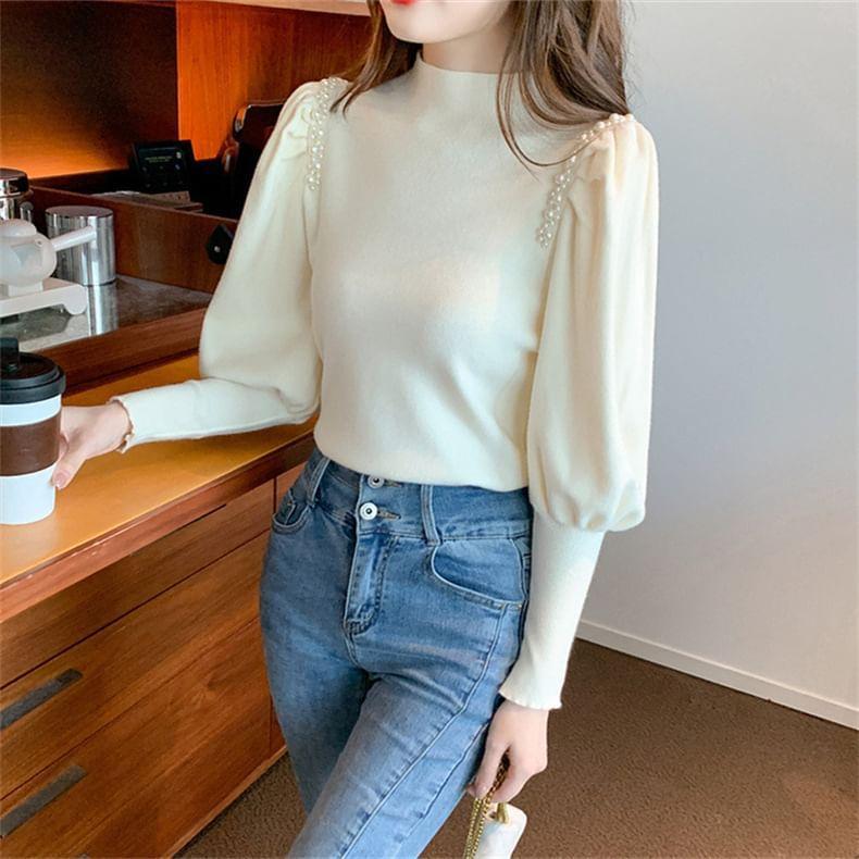 Long-Sleeve Mock Neck Faux Pearl Knit Top Product Image