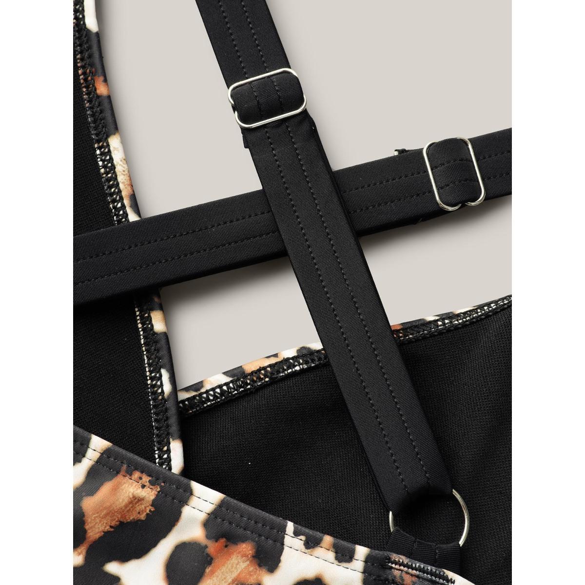 Plus Size Leopard Print Surplice Neck Swim Top Women's Swimwear Leopard Beach High stretch Skinny V-neck Curve Swim Tops BloomChic 28/5X Product Image