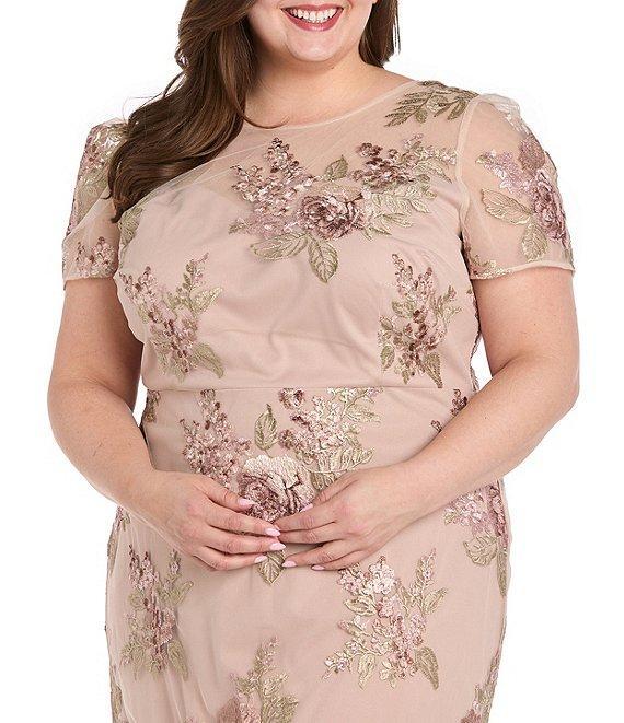 R & M Richards Plus Size Embroidered Floral Crew Neck Short Sleeve Flounce Hem Midi Dress Product Image