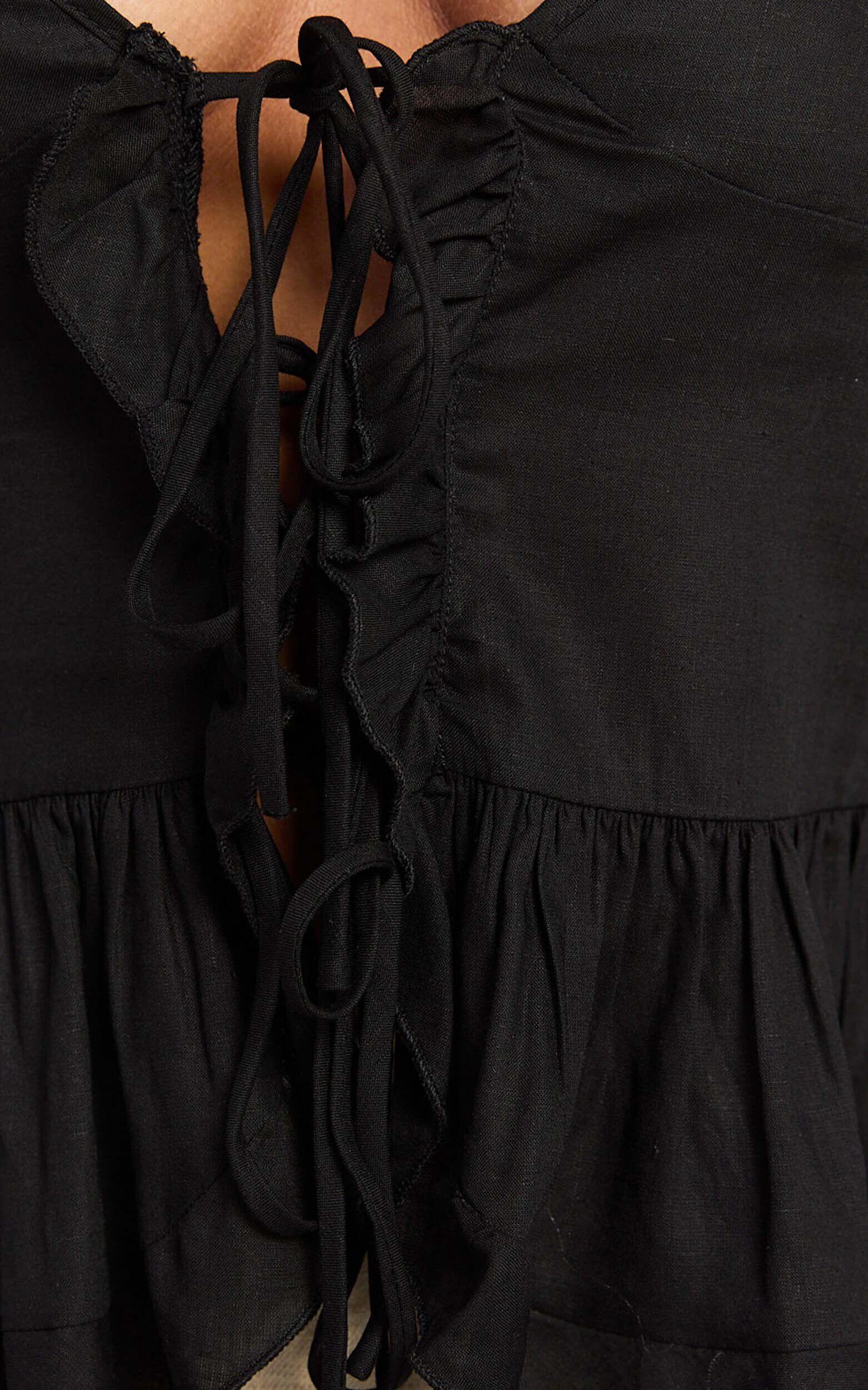 Maya Top - Linen Tie Front Ruffle Hem Top in Black Product Image