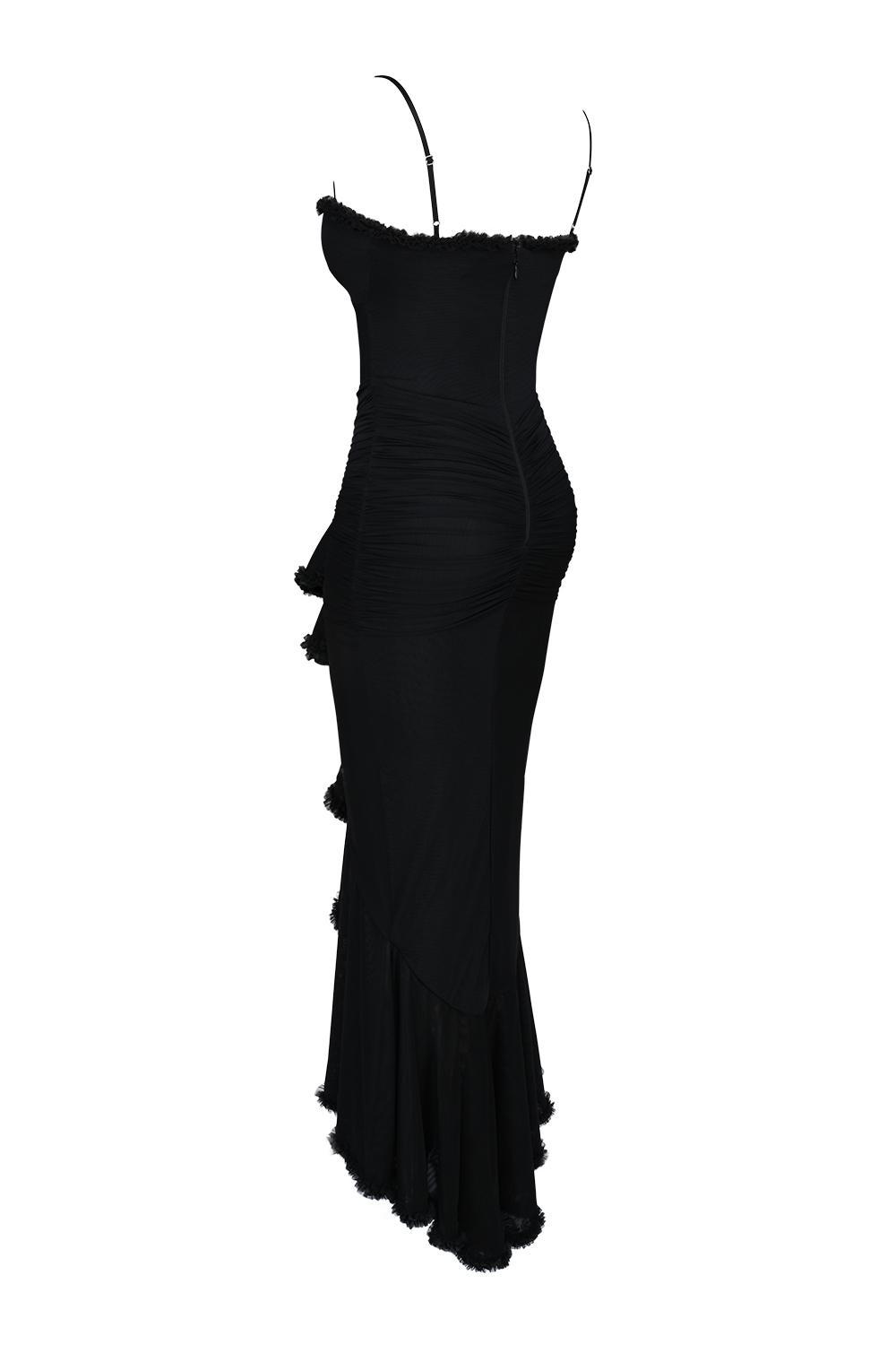 Gabbi Black Mesh Ruffled Front Gown Product Image