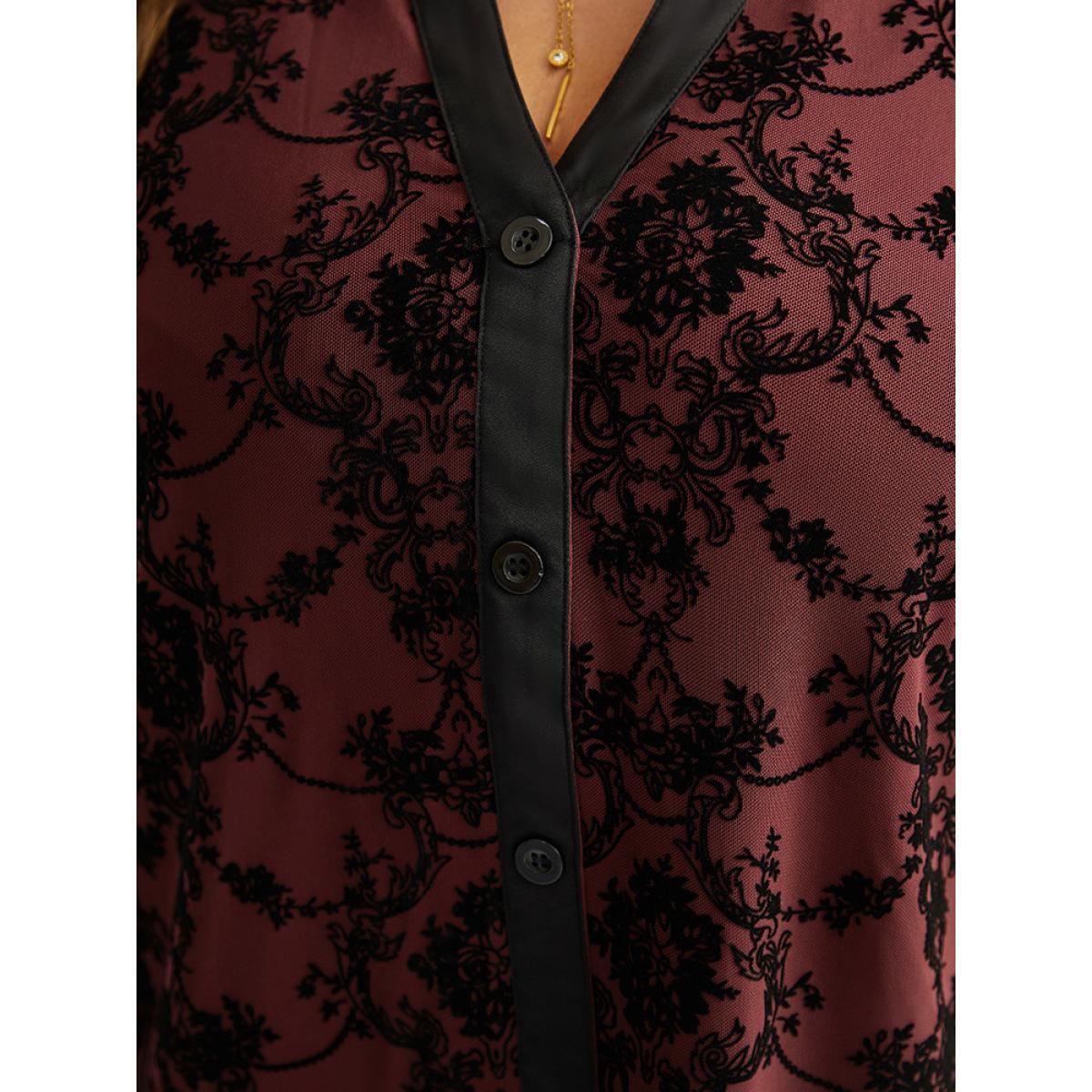 Plus Size DarkGreen Floral Print Mesh V Neck Blouse Women Elegant Long Sleeve V-neck Dailywear Blouses BloomChic 18-20/2X Product Image