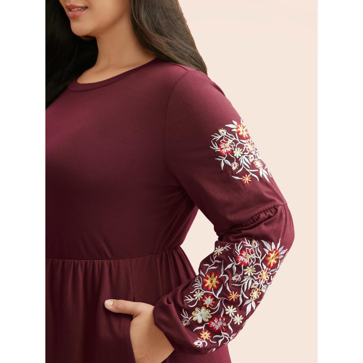 Plus Size Floral Embroidered Elastic Waist Gathered Dress Burgundy Women Casual Embroidered Round Neck Long Sleeve Curvy BloomChic 22-24/3X Product Image