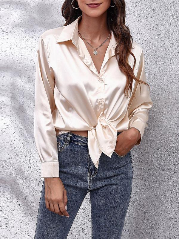 Long Sleeves Loose Solid Color Lapel Blouses Product Image