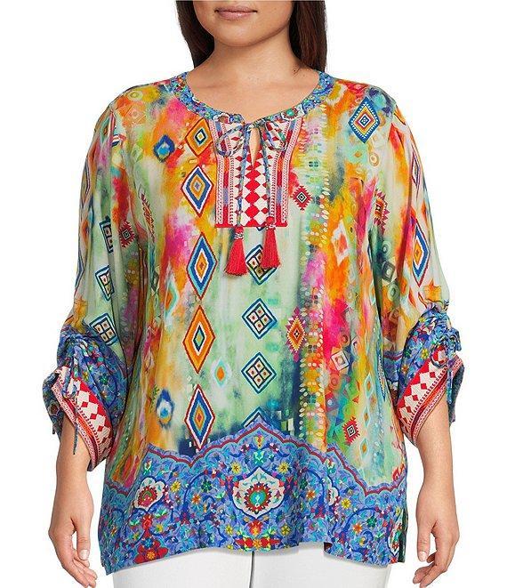 John Mark Plus Size Embroidered Printed Split V-Neck 3/4 Cinched Sleeve Tassel Tie Front Tunic Product Image