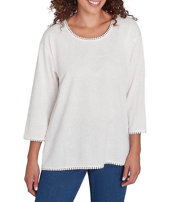 Ruby Rd. Jacquard Knit Lace Edge Detail Scoop Neck 3/4 Sleeve Top Product Image
