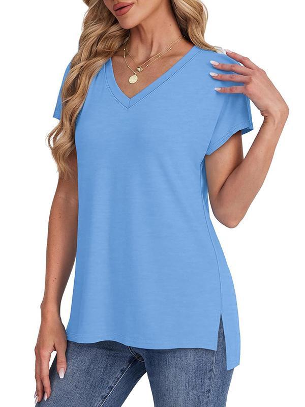 High-Low Raglan Sleeve Solid Color Split-Joint Split-Side V-Neck T-Shirts Product Image