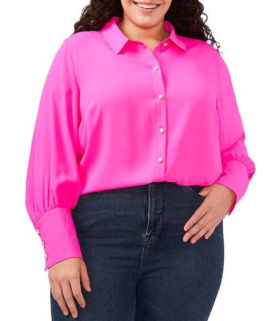 CeCe Plus Size Heavy Georgette Point Collar Long Sleeve Pearl Button Front Shirt Product Image