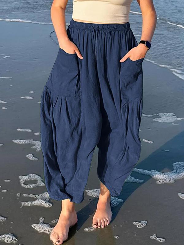 High Waisted Loose Drawstring Elasticity Pleated Pockets Solid Color Ninth Pants Trousers Product Image