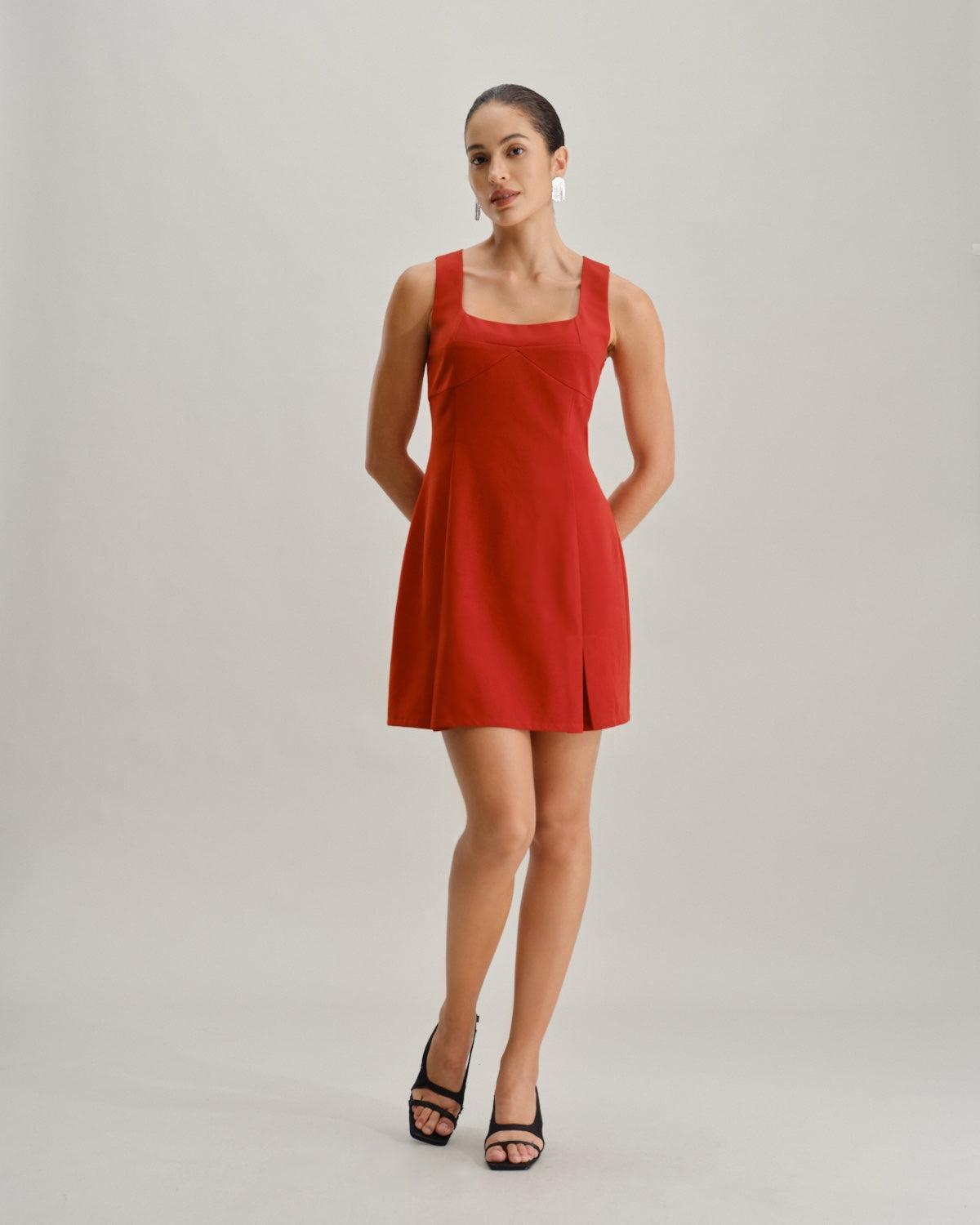 Red Square Neck A-Line Mini Dress Product Image