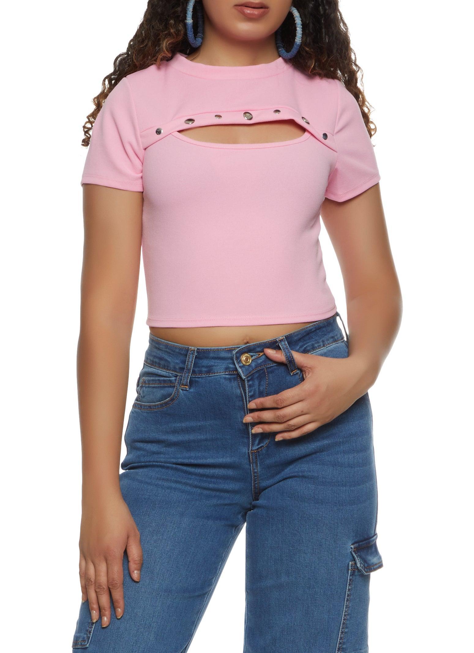 Womens Studded Detail Keyhole T Shirt Product Image