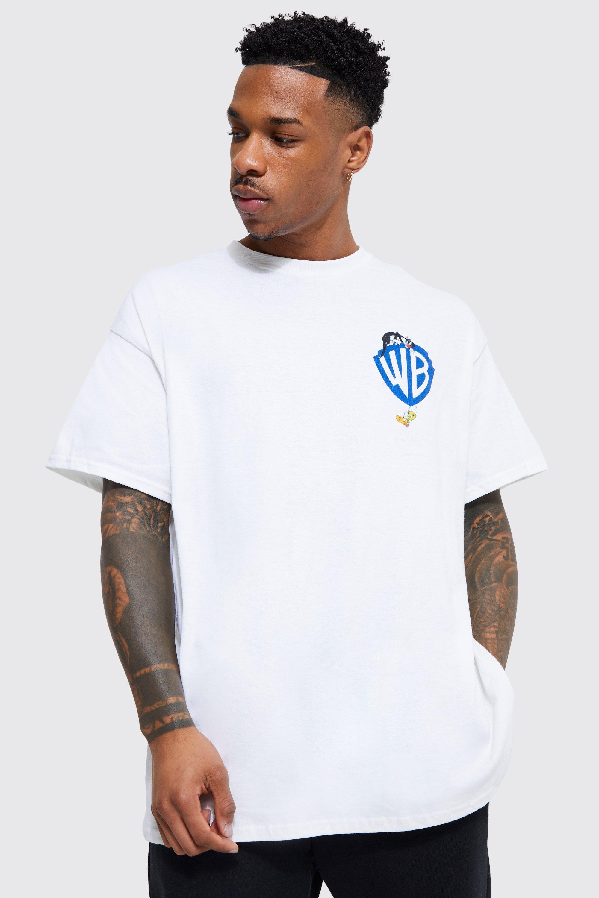 Mens White Oversized Warner Bros Logo License T-shirt, White Product Image