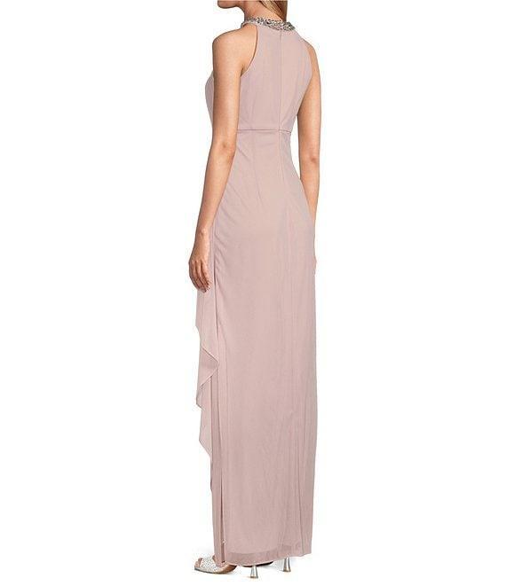 Alex Evenings Petite Size Sleeveless Beaded Halter Neck Cascade Ruffle Gown Product Image